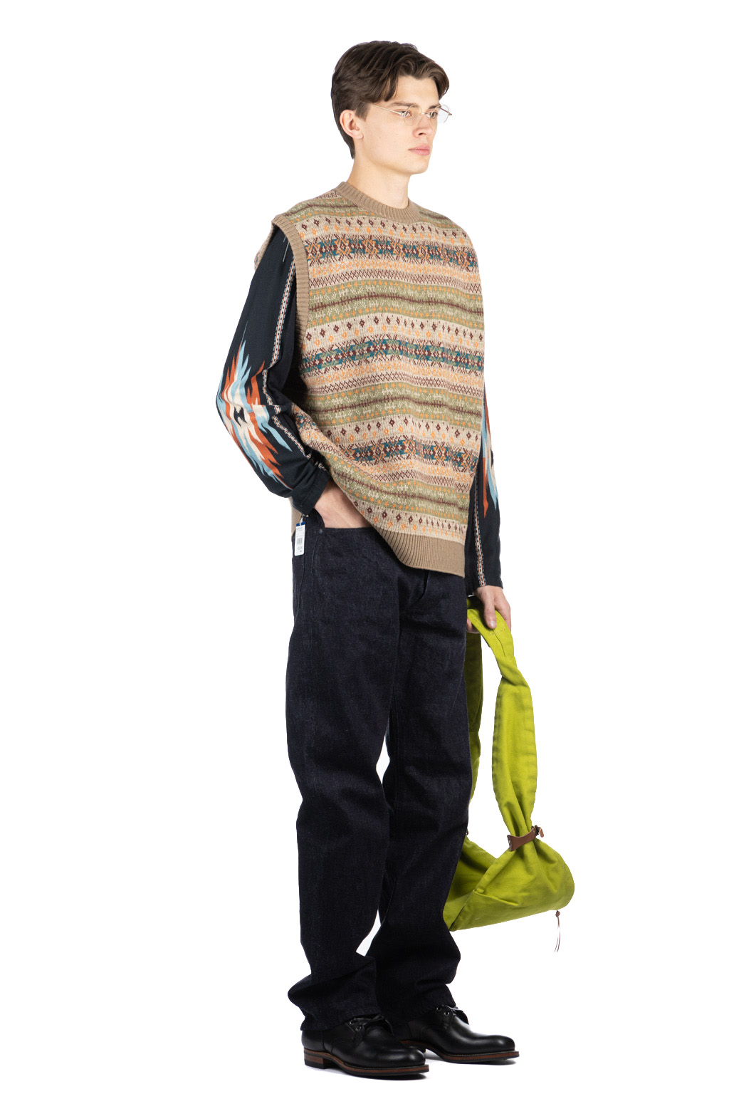 Kapital - 7G Wool FairIsle BONE Vest - Orange