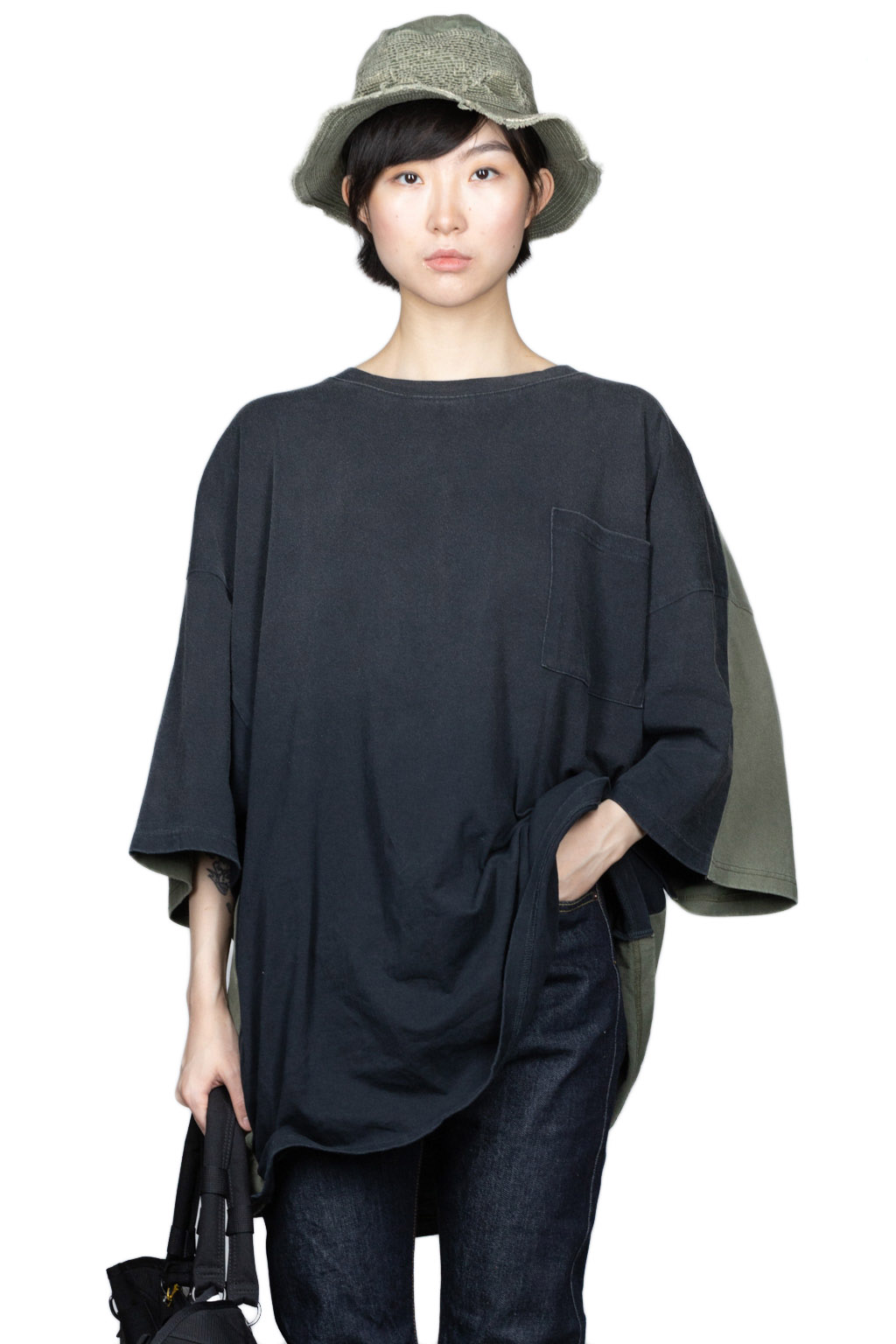 Kapital Jersey 2TONES BIG Pocket T (BONE) - Black x Khaki