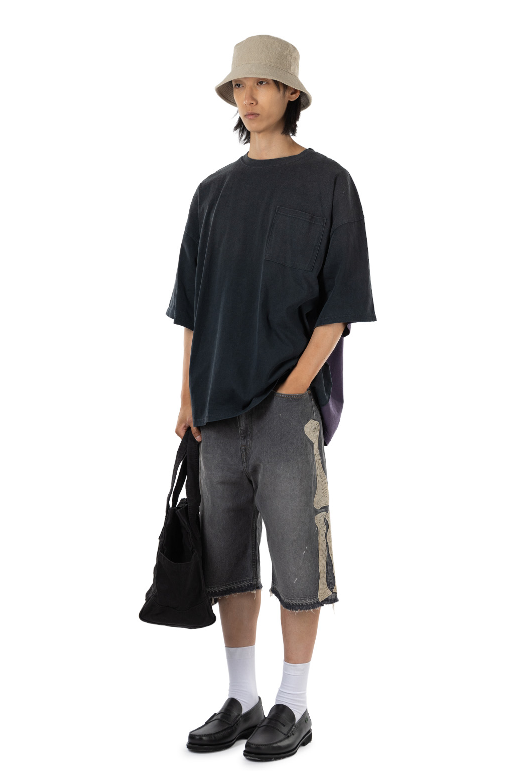 Kapital Jersey 2TONES BIG Pocket T (BONE) - Black x Purple