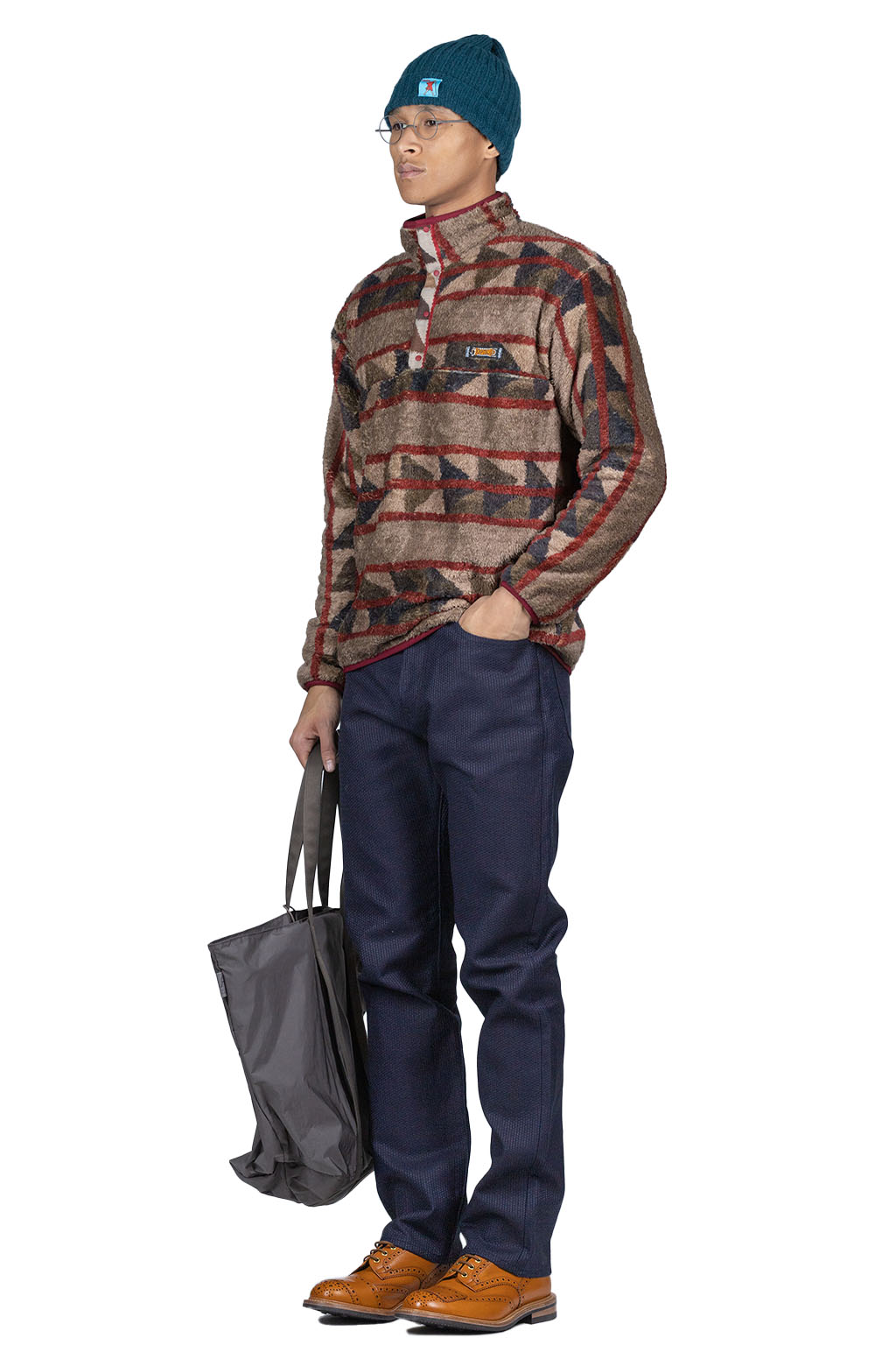 Kapital PUEBLO Stripe Fleece Pullover - Red x Brown