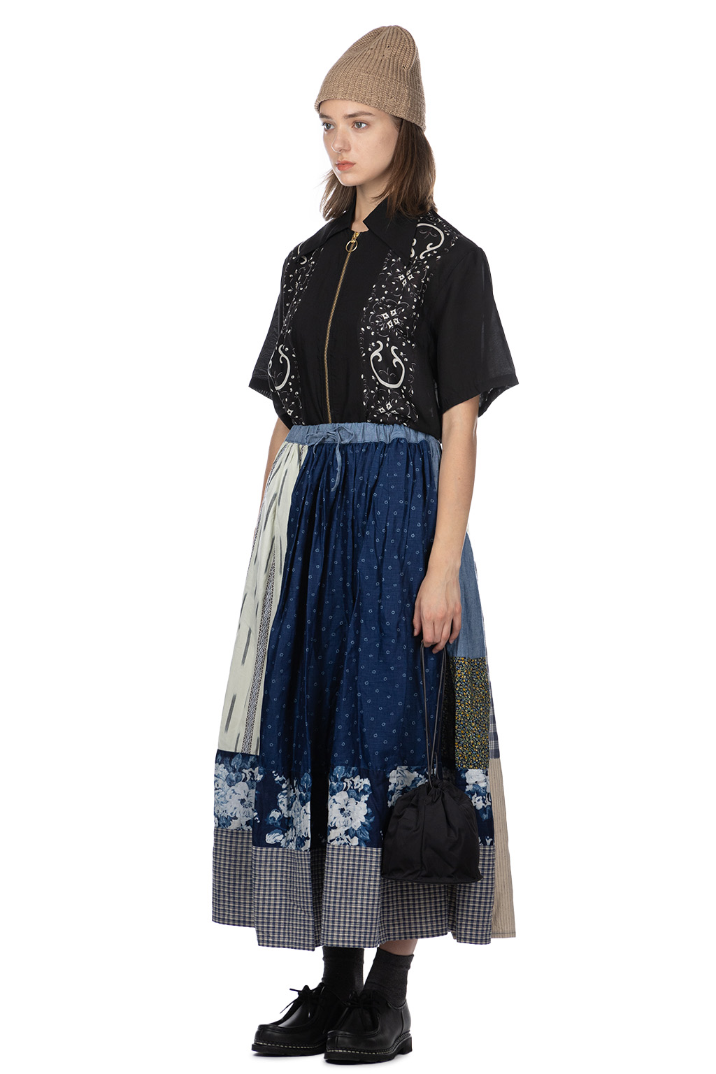 Kapital - Patchwork Gathered Skirt - Indigo