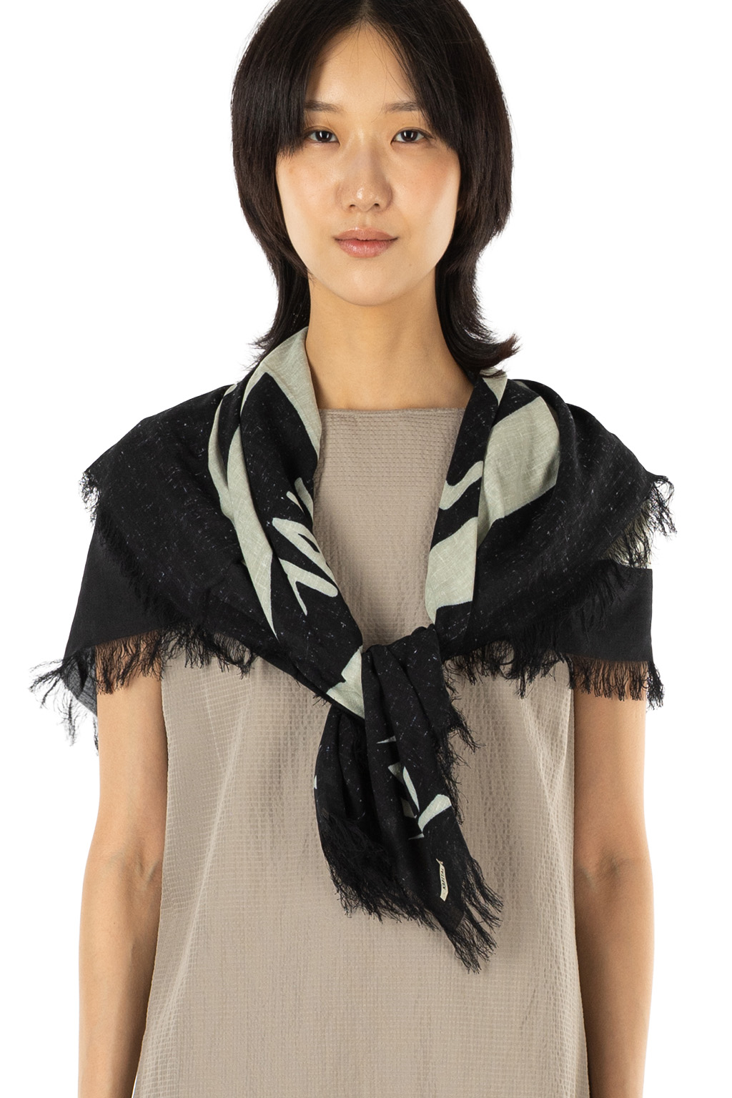 Kapital - Rayon Fringed Square Stole (GIANT PEACE) - Black