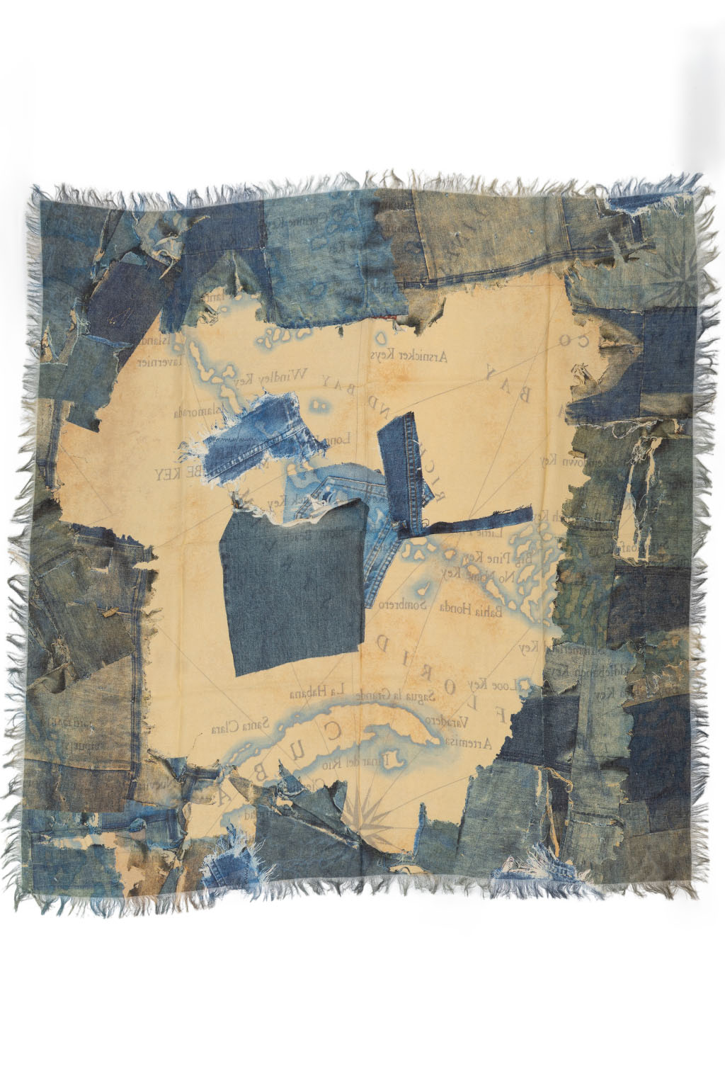Kapital - Rayon Fringed Square Stole (KAYO HUESO Denim Map) - Blue