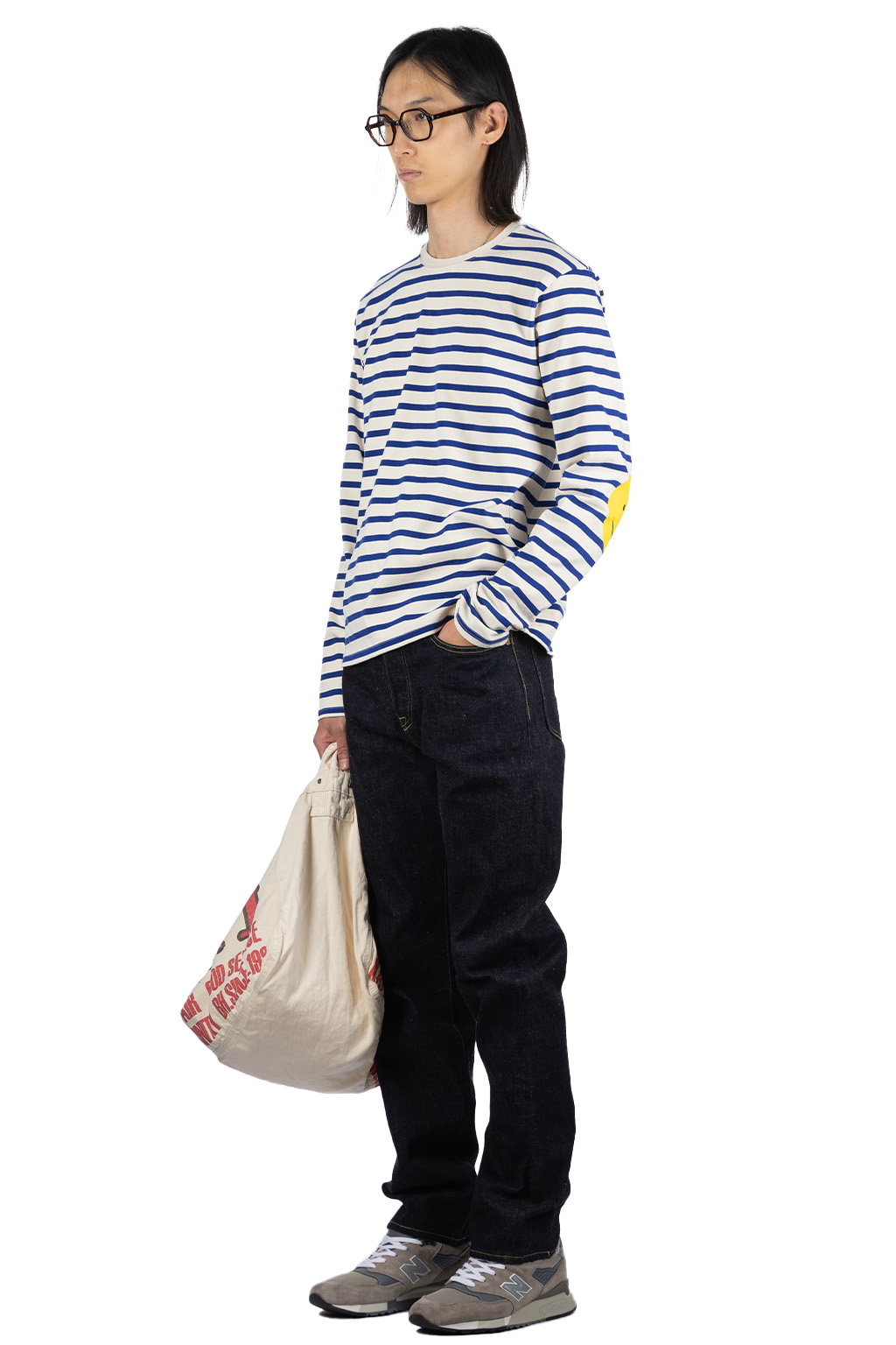 Kapital - Stripe Jersey Crew LS Tee (RAINBOWY Patch) - Natural x Blue