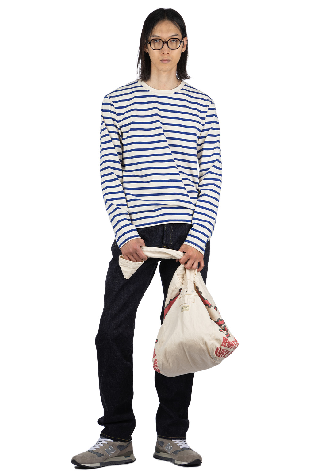Kapital - Stripe Jersey Crew LS Tee (RAINBOWY Patch) - Natural x Blue