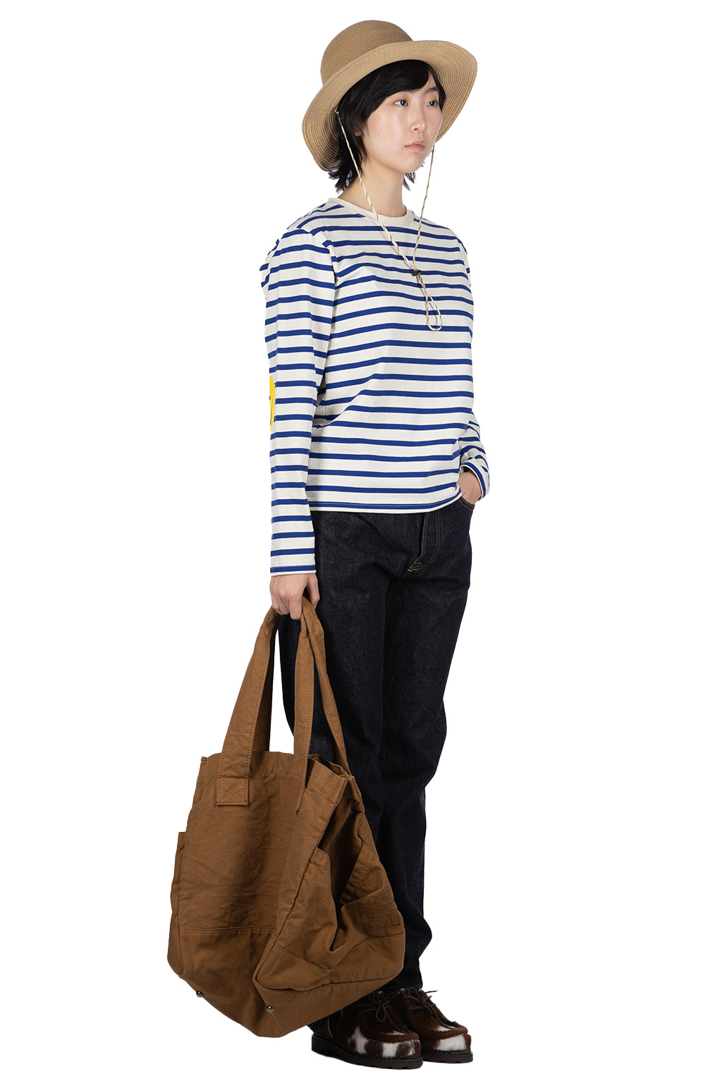 Kapital - Stripe Jersey Crew LS Tee (RAINBOWY Patch) - Natural x Blue