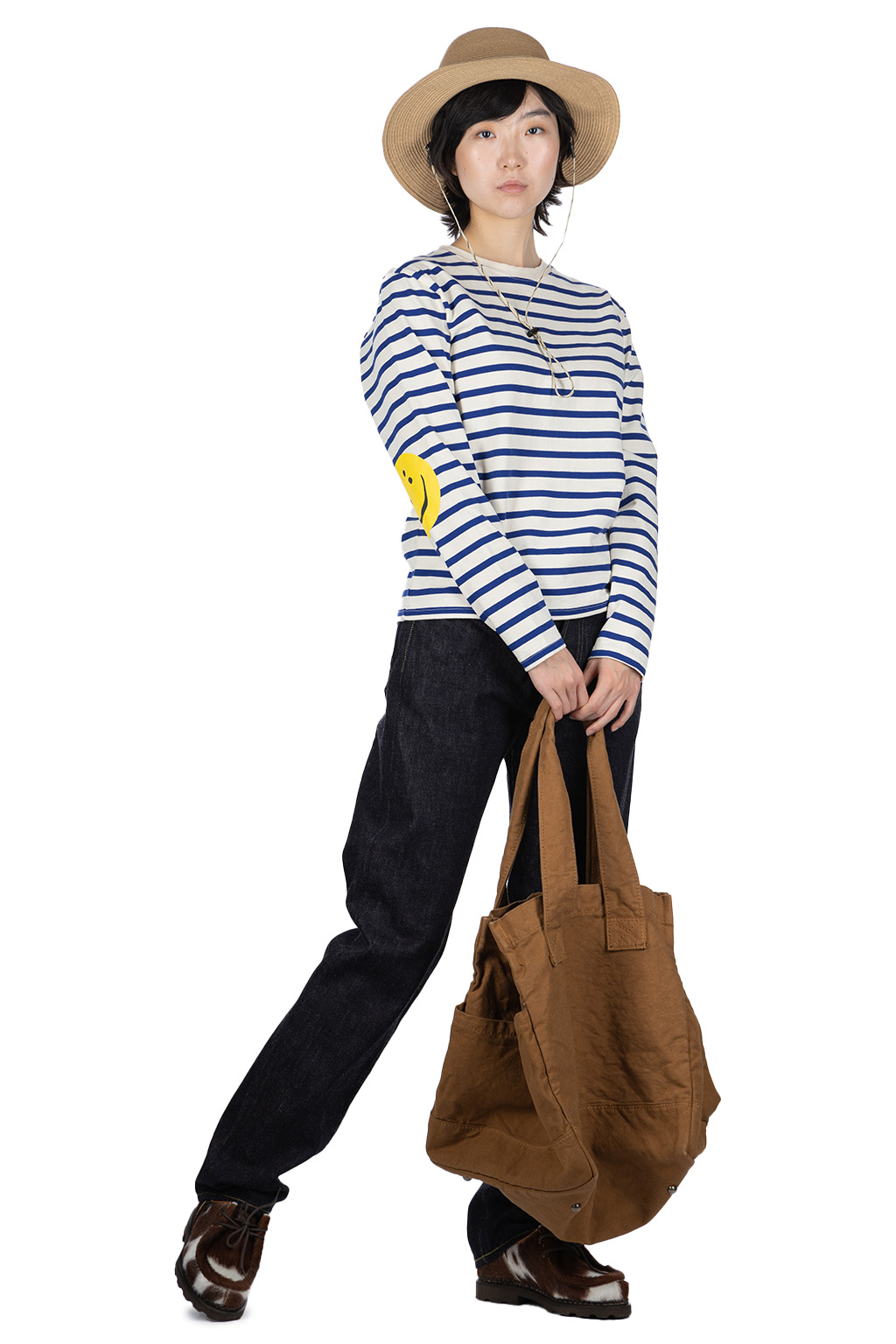 Kapital - Stripe Jersey Crew LS Tee (RAINBOWY Patch) - Natural x Blue