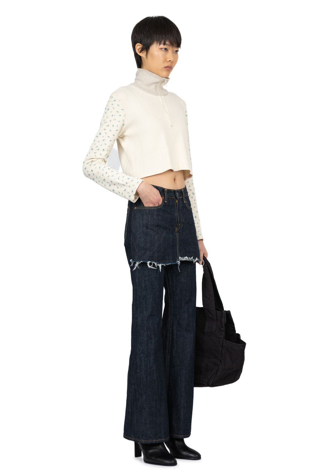 Kapital - Waffle Jersey Carico 2TONES Half-ZIP Cropped LS Tee - Blue