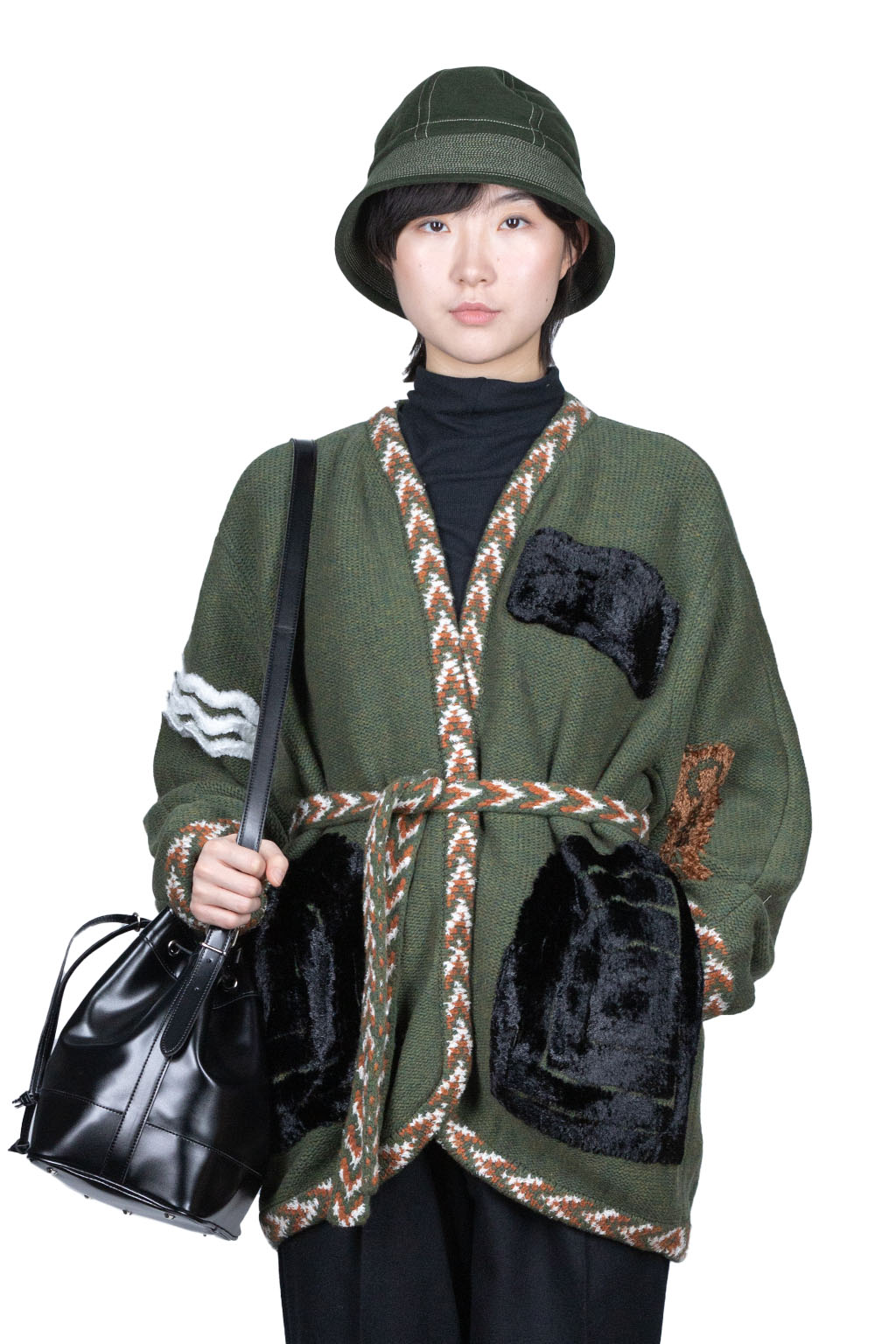 BlueButtonShop - Mame Kurogouchi - Mame-Kurogouchi -Jomon-Pattern-Knitted-Robe-Khaki-MM22FW-KN021-noe