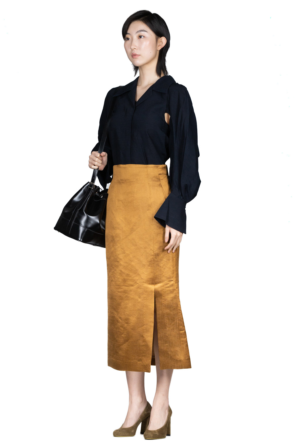 Mame Kurogouchi Linen Silk High Waisted Slit Skirt - Brown