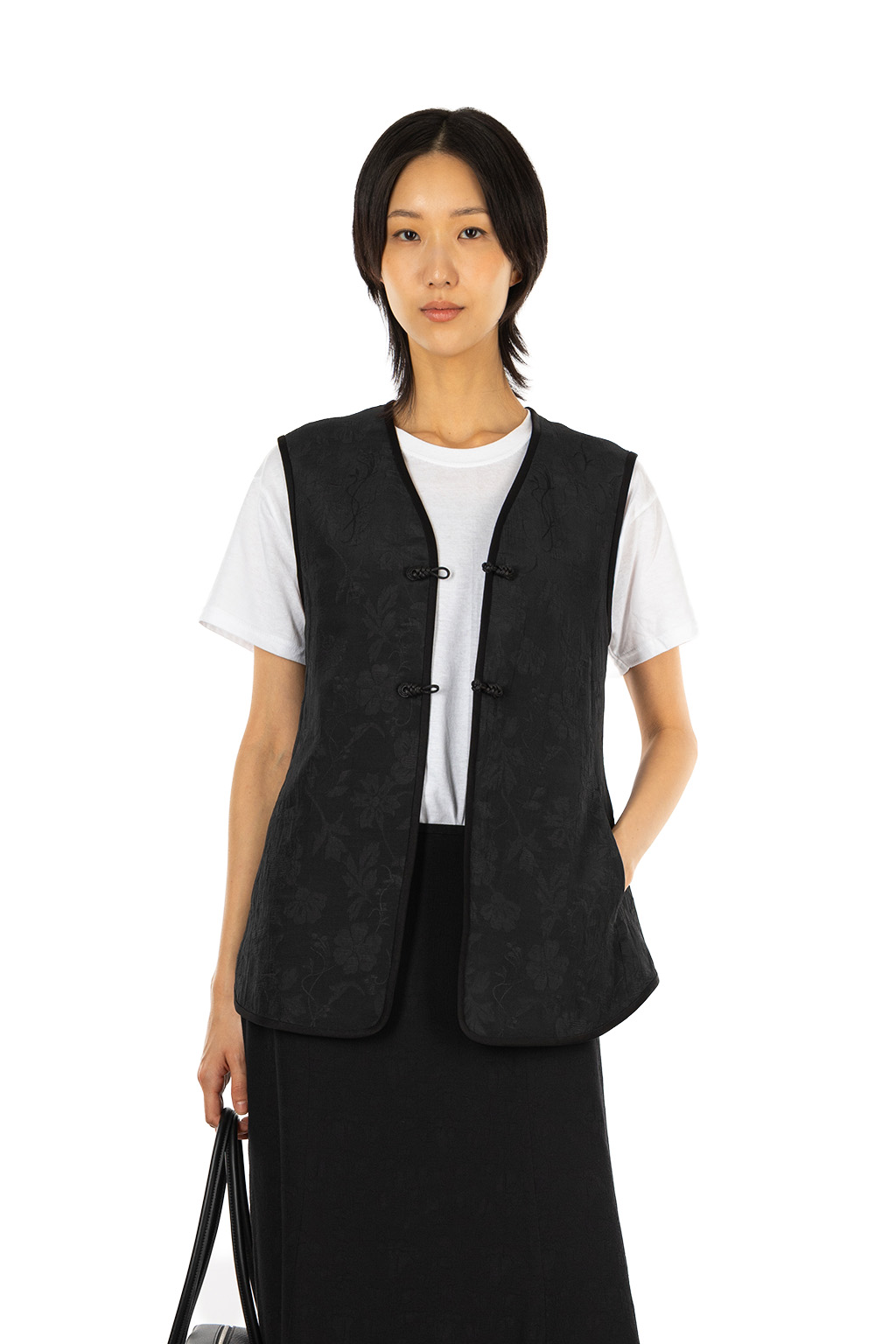 Mame Kurogouchi - Raised Jacquard Frog Button Vest - Black