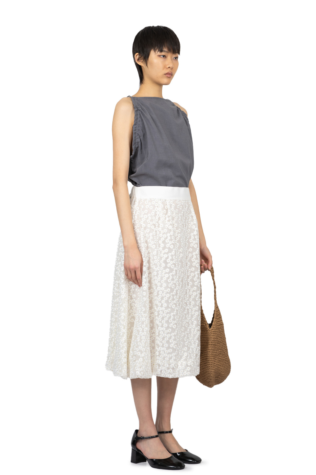 Manon - Floral Embroidery Balloon Skirt - White