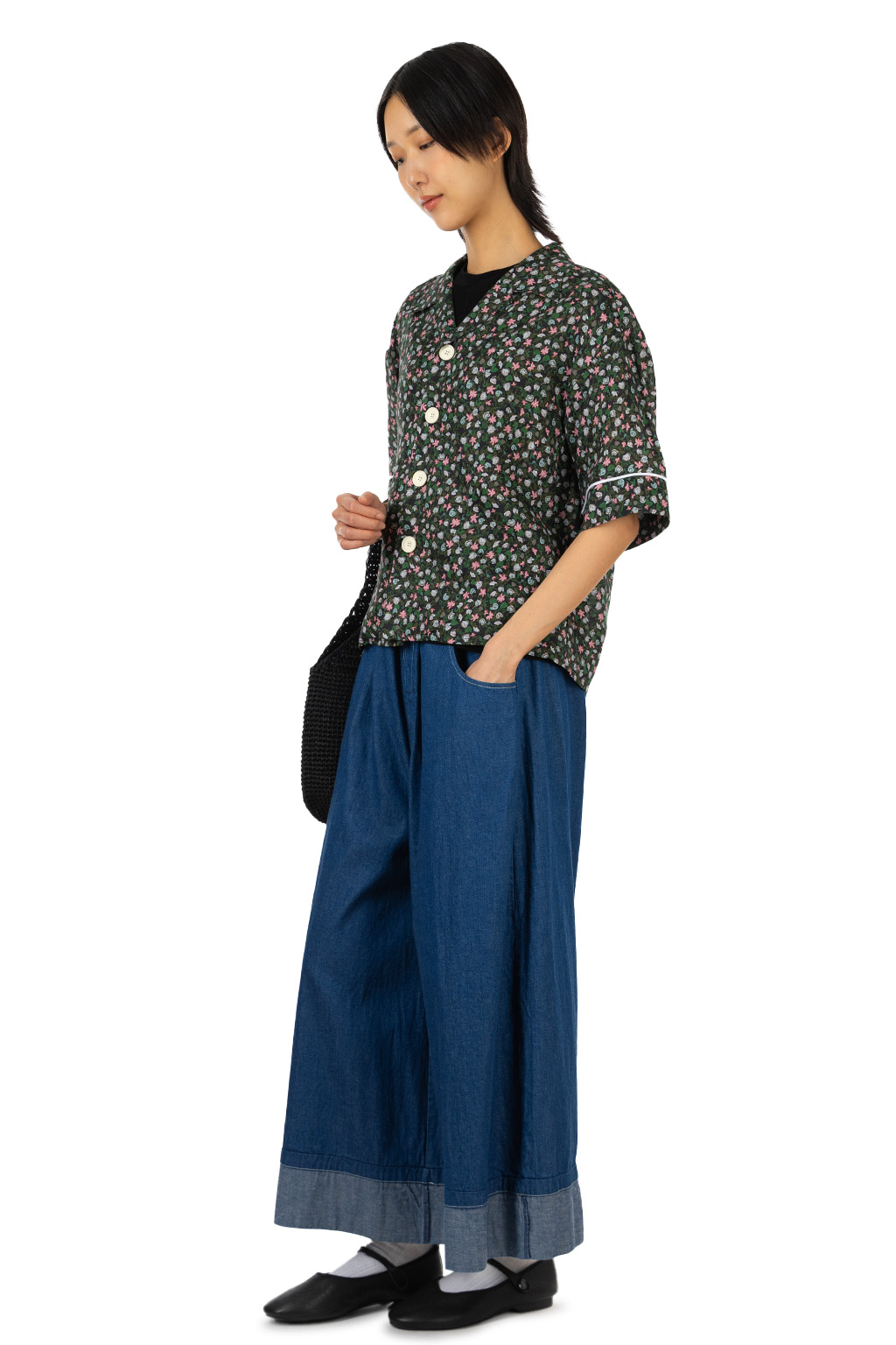 Manon - Original Linen Flower Print Open Collar Shirt - Flower