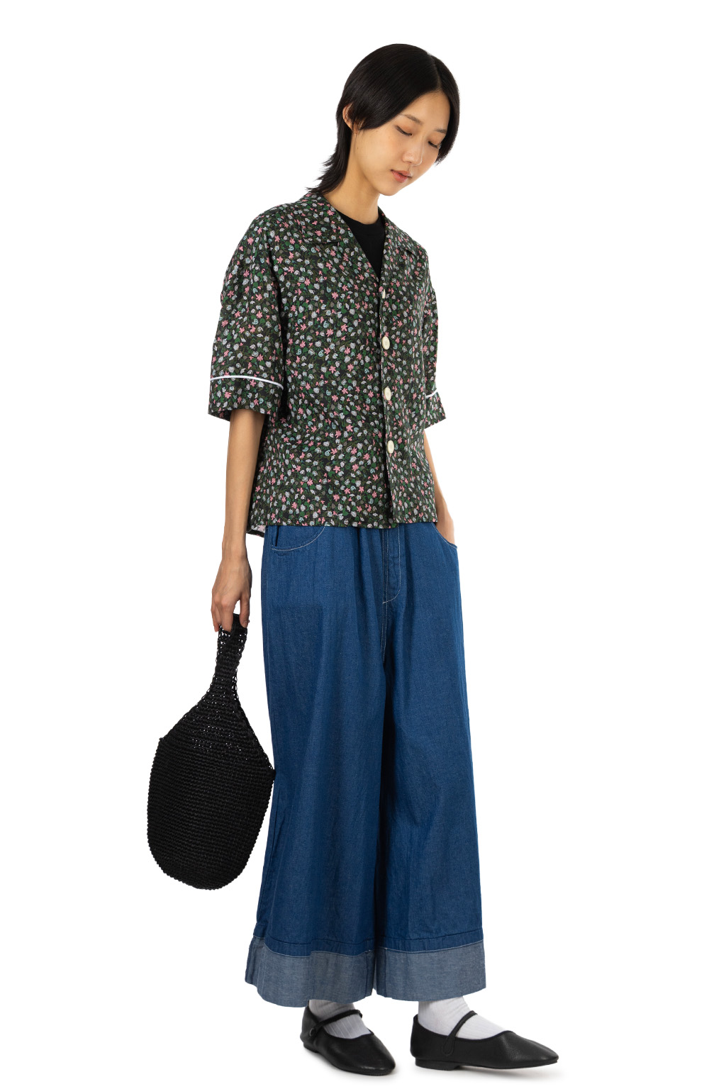 Manon - Original Linen Flower Print Open Collar Shirt - Flower