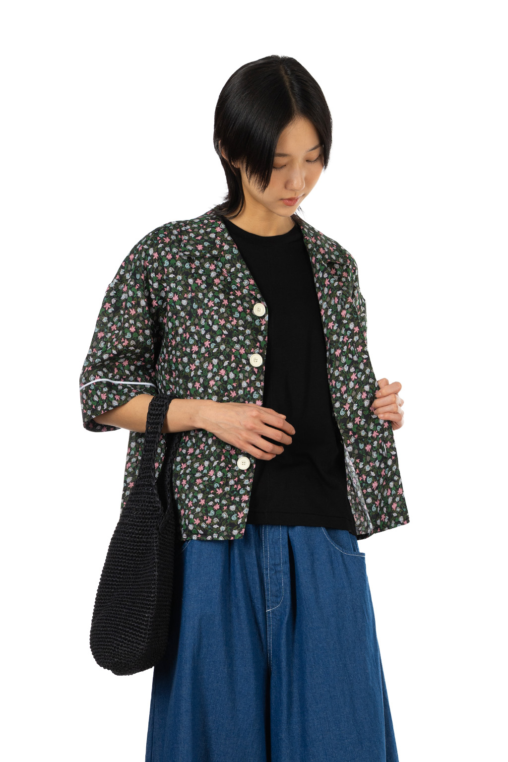 Manon - Original Linen Flower Print Open Collar Shirt - Flower