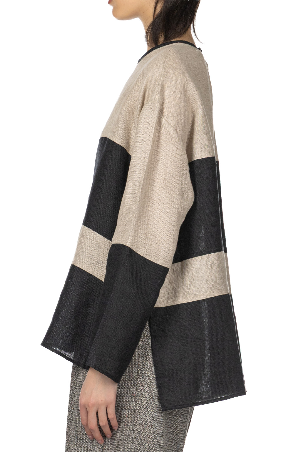 Manon - Switch Border Mesh Linen Pullover Shirt - NTRL x BLK