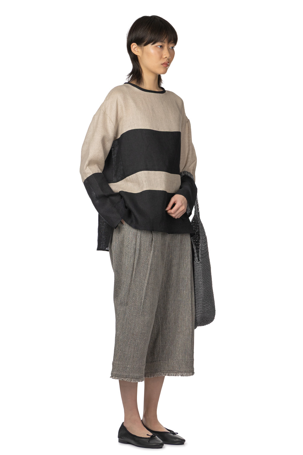 Manon - Switch Border Mesh Linen Pullover Shirt - NTRL x BLK
