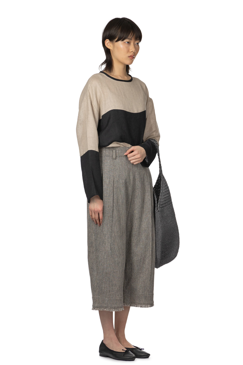 Manon - Tweed Denim Tuck Pants - Black