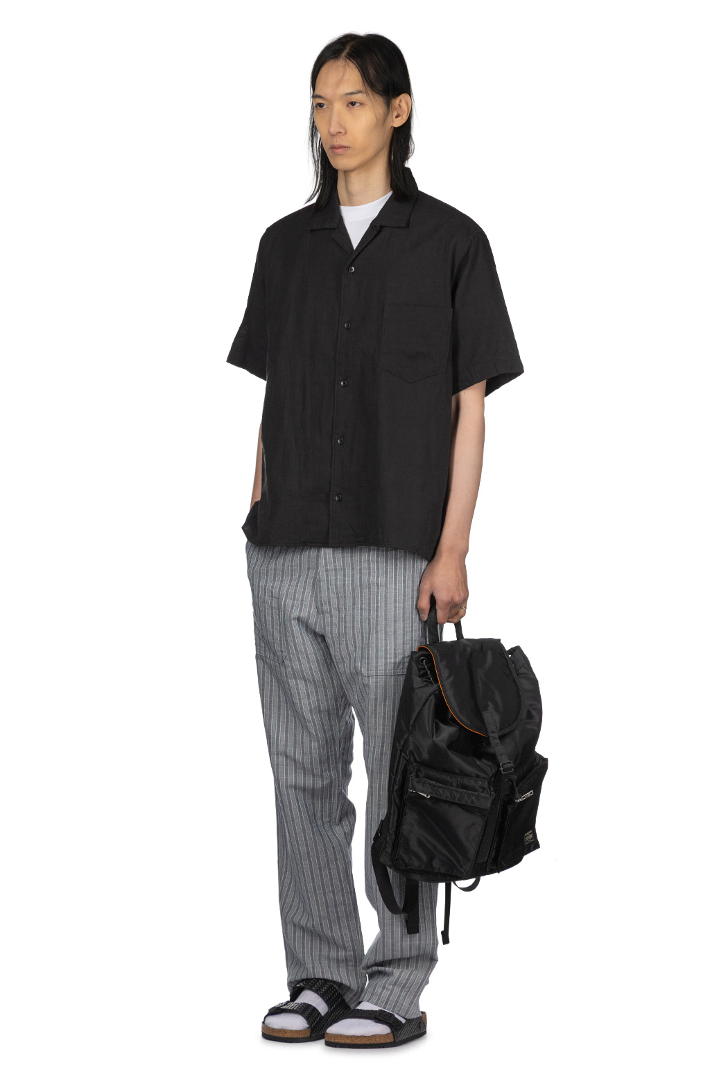 Manual Alphabet - Organic Cotton Double Gauze Open Collar Shirt - Black