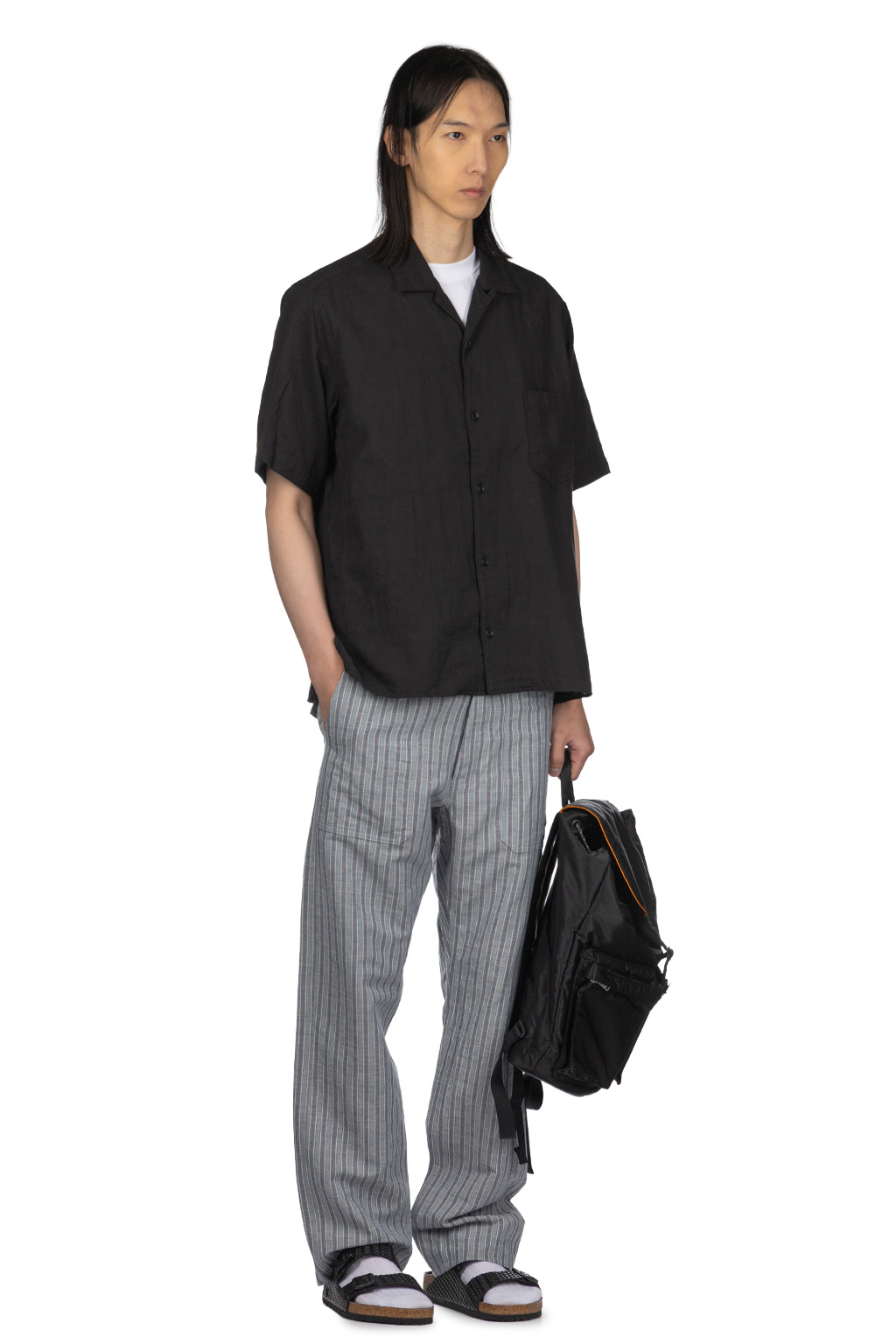 Manual Alphabet - Organic Cotton Double Gauze Open Collar Shirt - Black