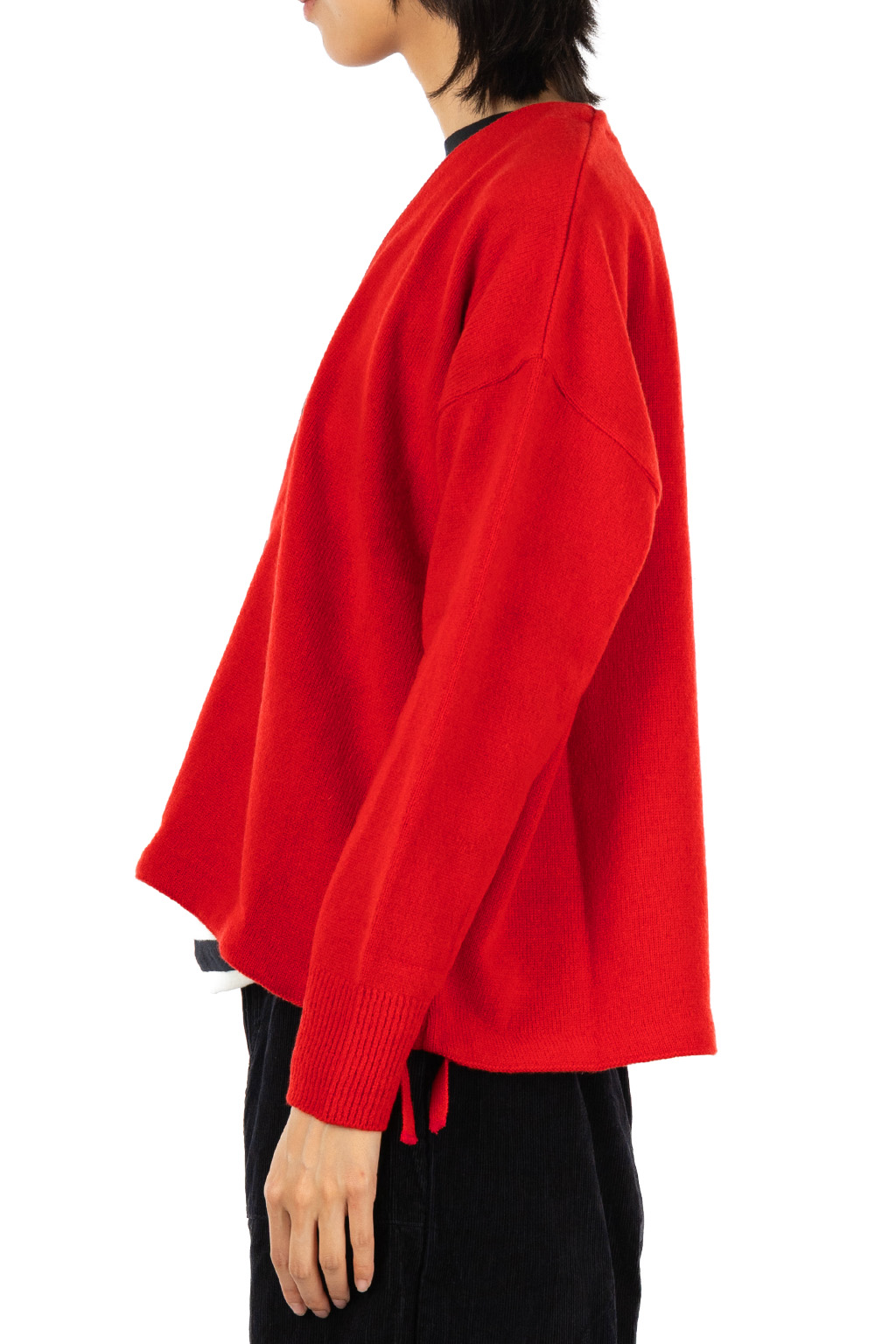 NARU  - V-Neck Knit Cardigan with Drawstring Hem - Red
