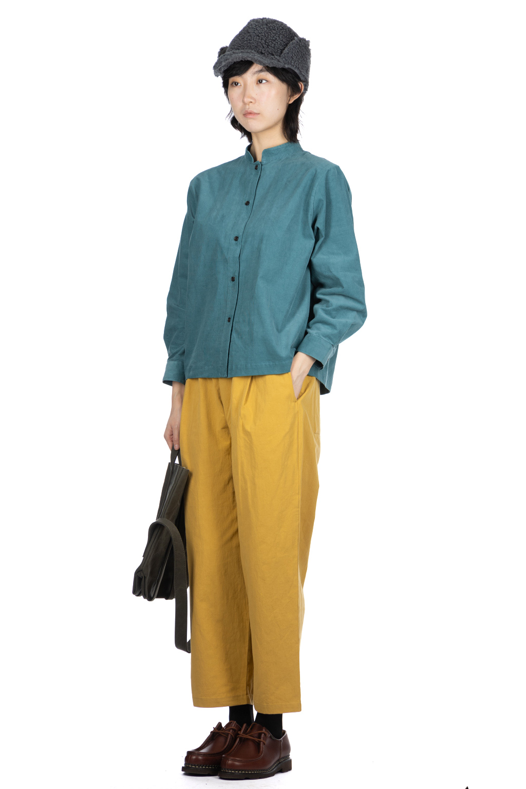 Nachukara - Corduroy Mao Collar Shirt - Blue Green
