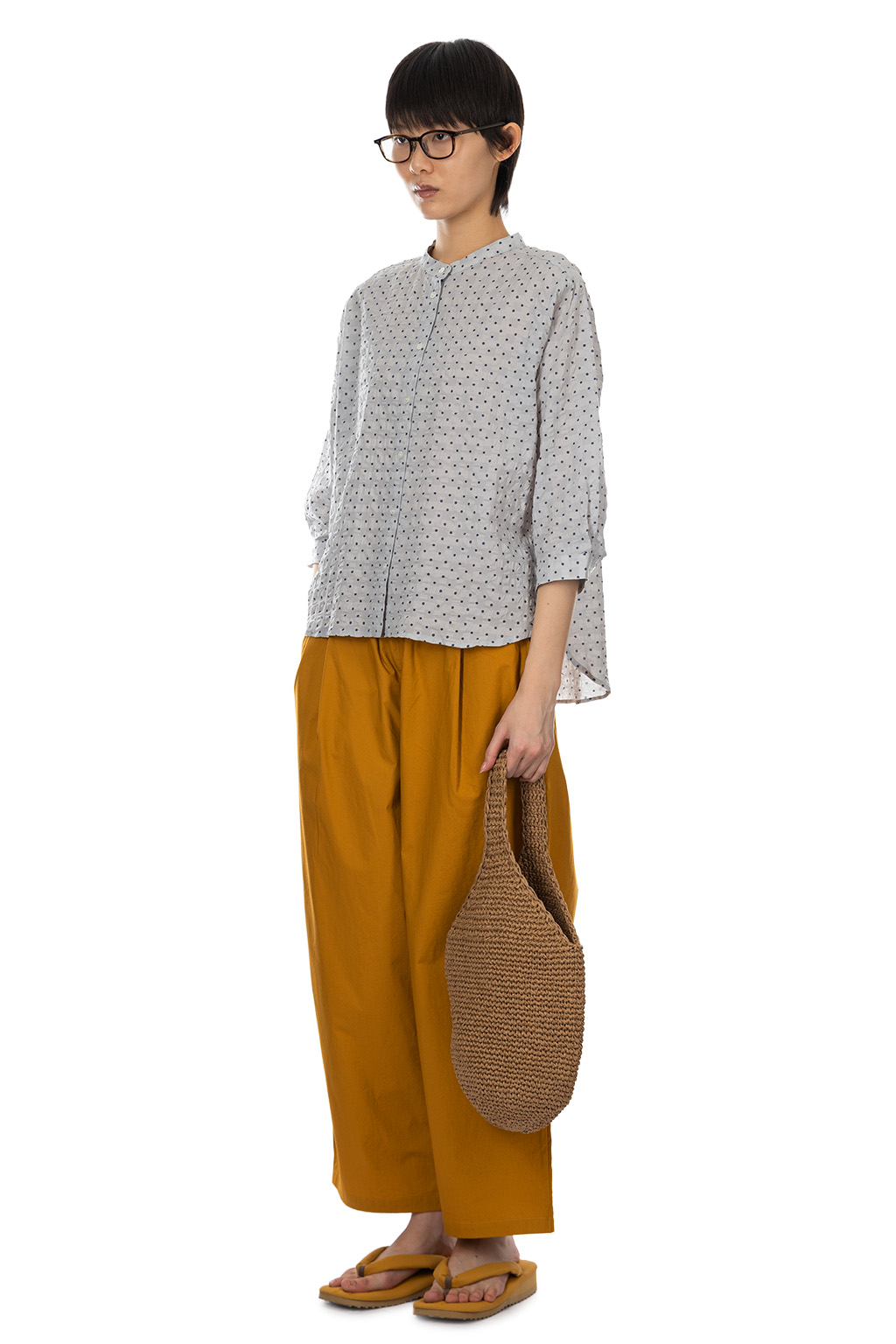 Nachukara - Ripple Dot Band Collar Shirt - Grey