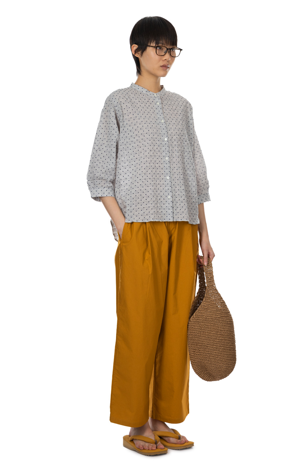 Nachukara - Ripple Dot Band Collar Shirt - Grey