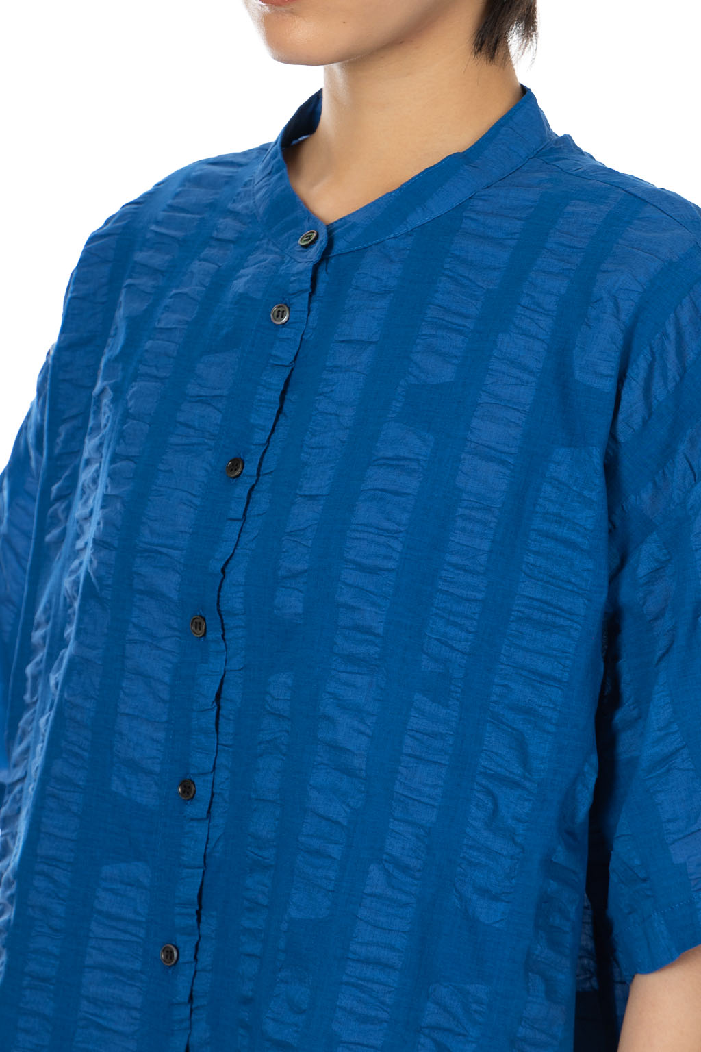 Nachukara - Ripple Stripe Band Collar Shirt - Blue