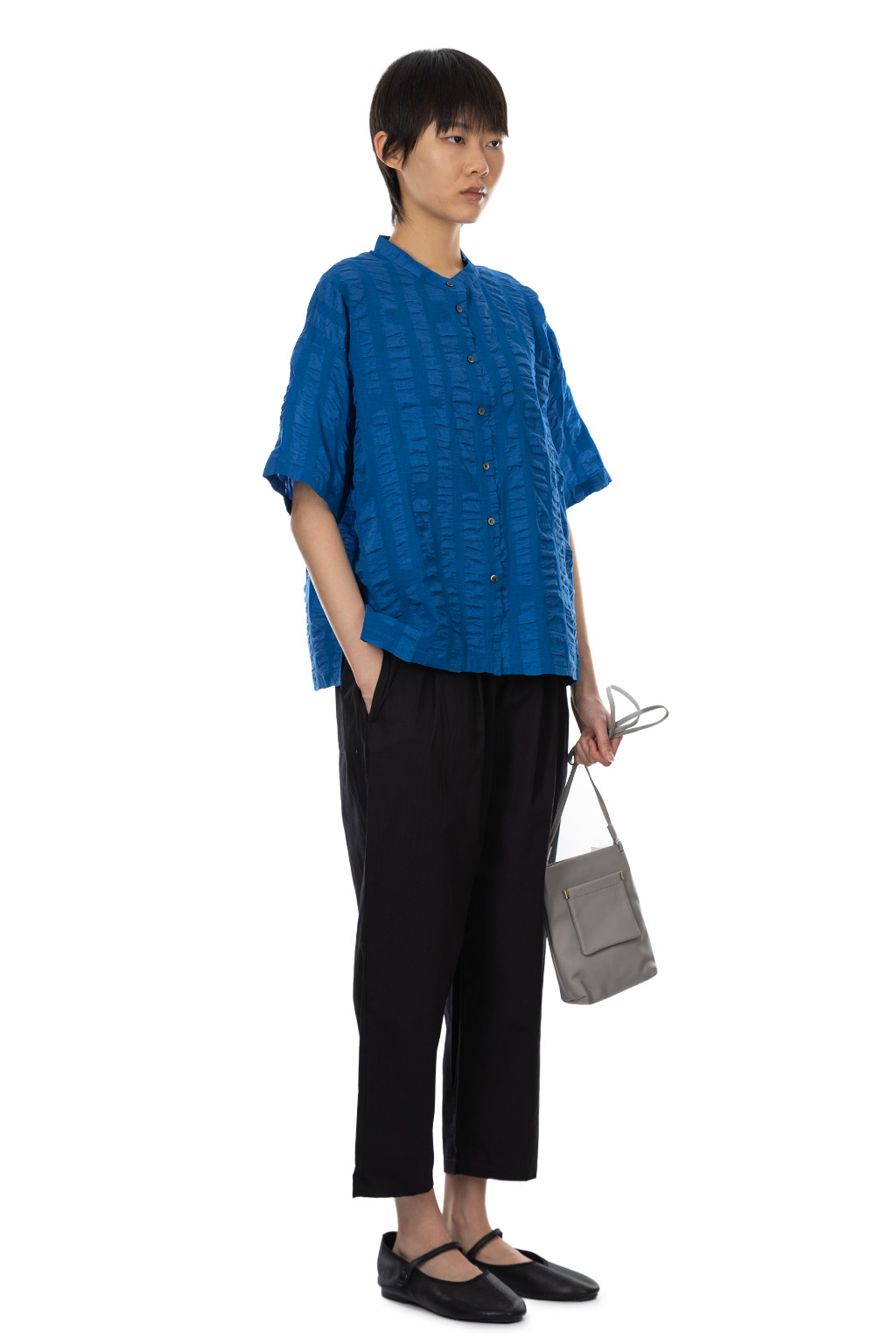 Nachukara - Ripple Stripe Band Collar Shirt - Blue