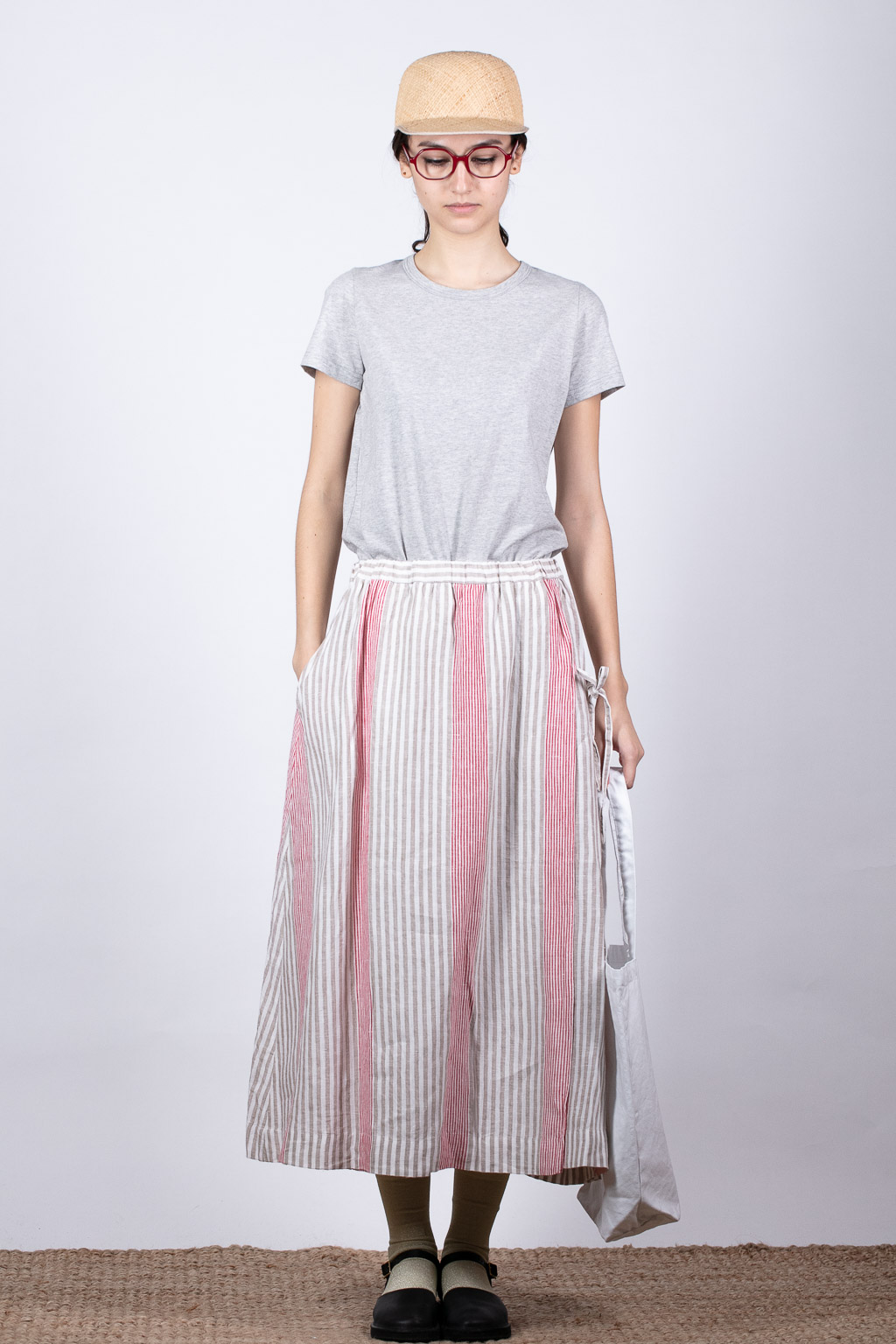 Nofl Linen  Multi Stripe Gather Skirt  - Red