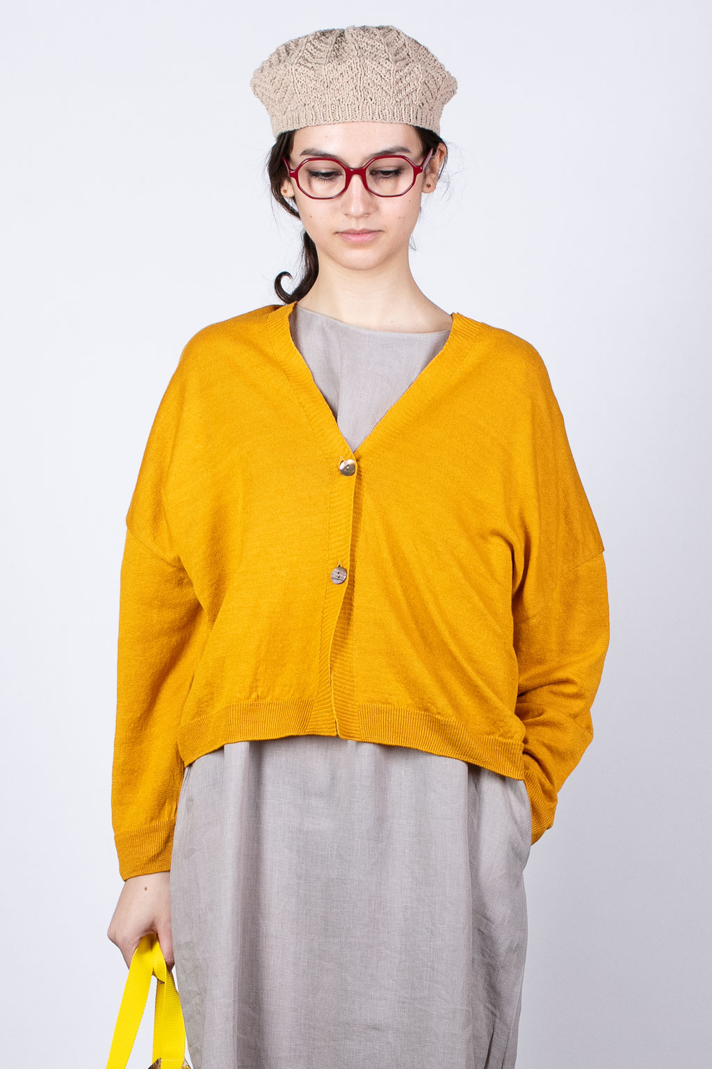 short mustard cardigan