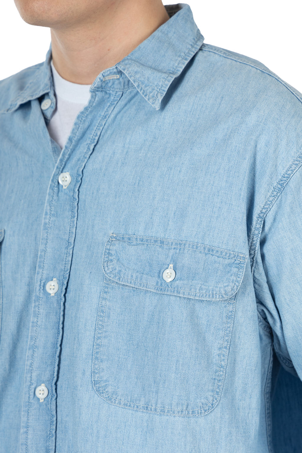 OrSlow - Chambray Work Shirt with Flap Pocket - Chambray Bleached
