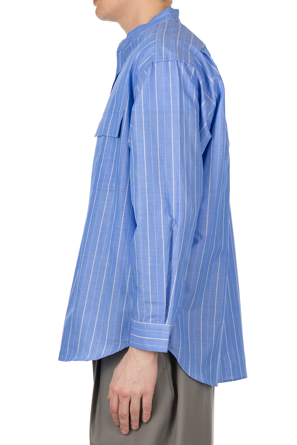 Still by hand - Cotton ramie band collar shirt - Blue Stripe