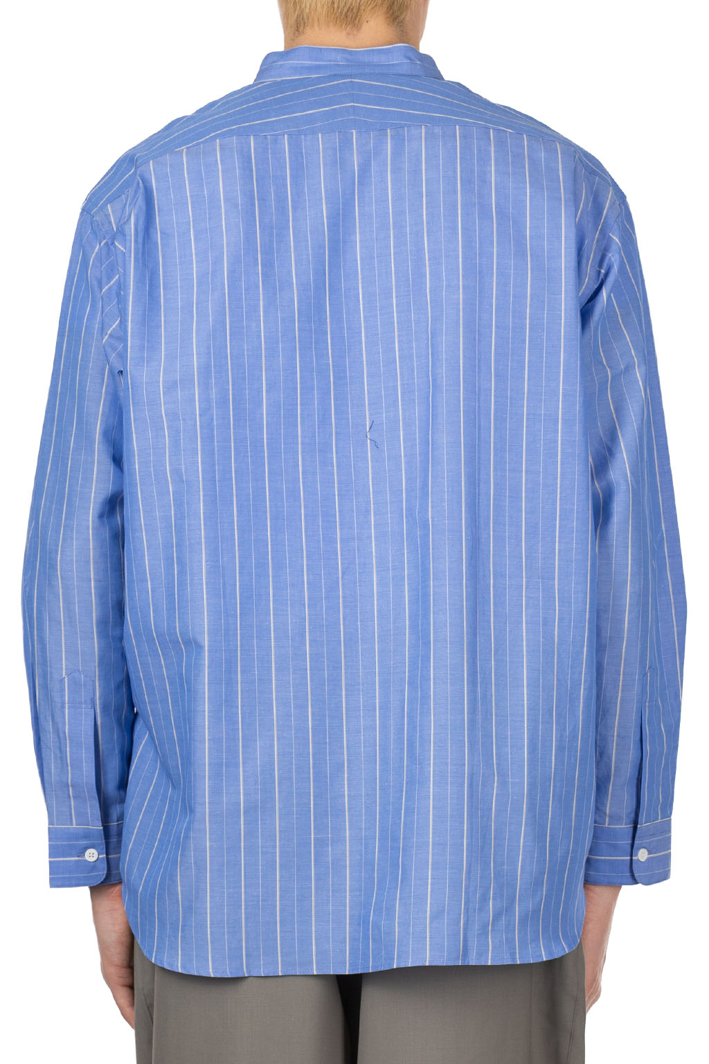 Still by hand - Cotton ramie band collar shirt - Blue Stripe