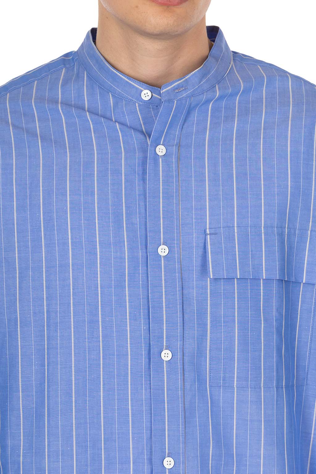 Still by hand - Cotton ramie band collar shirt - Blue Stripe