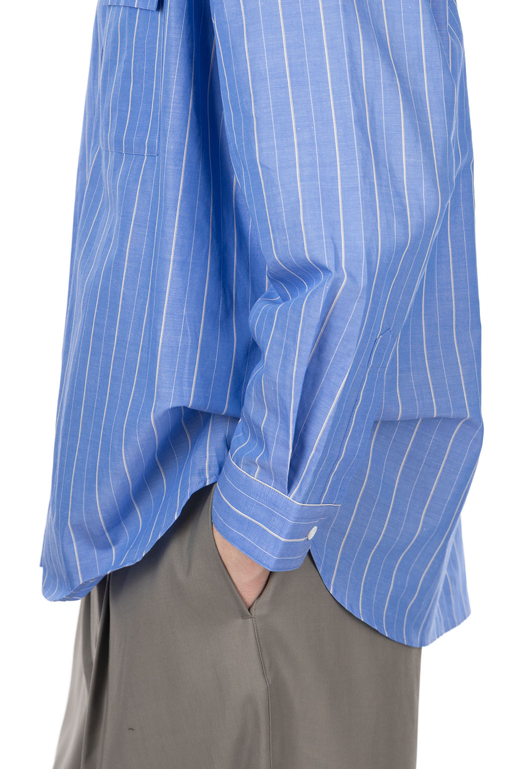 Still by hand - Cotton ramie band collar shirt - Blue Stripe