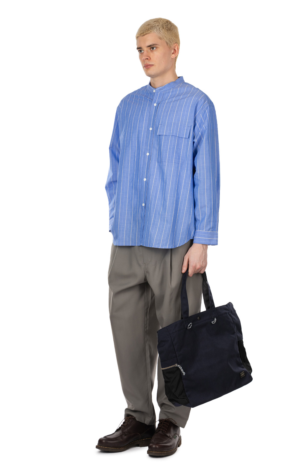 Still by hand - Cotton ramie band collar shirt - Blue Stripe