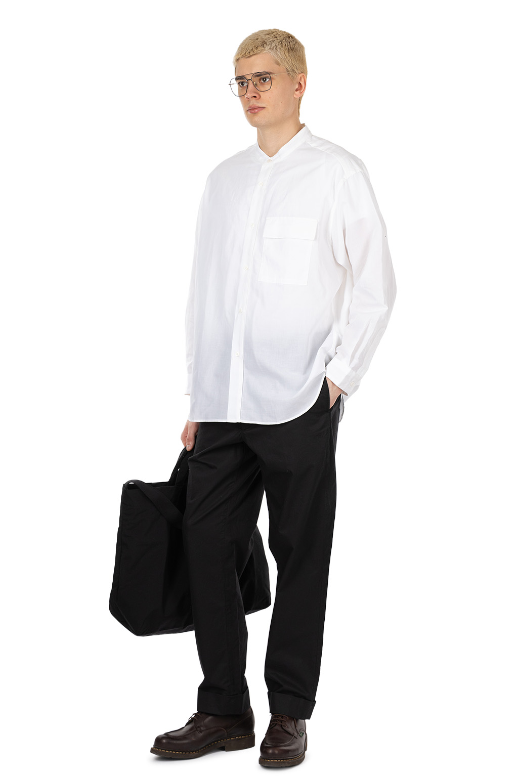 Still by hand - Cotton ramie band collar shirt - White