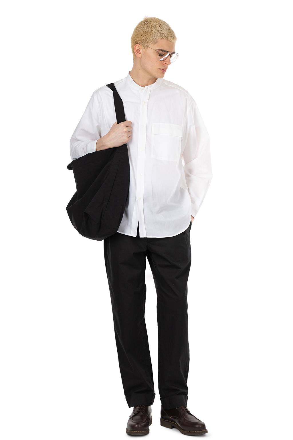 Still by hand - Cotton ramie band collar shirt - White