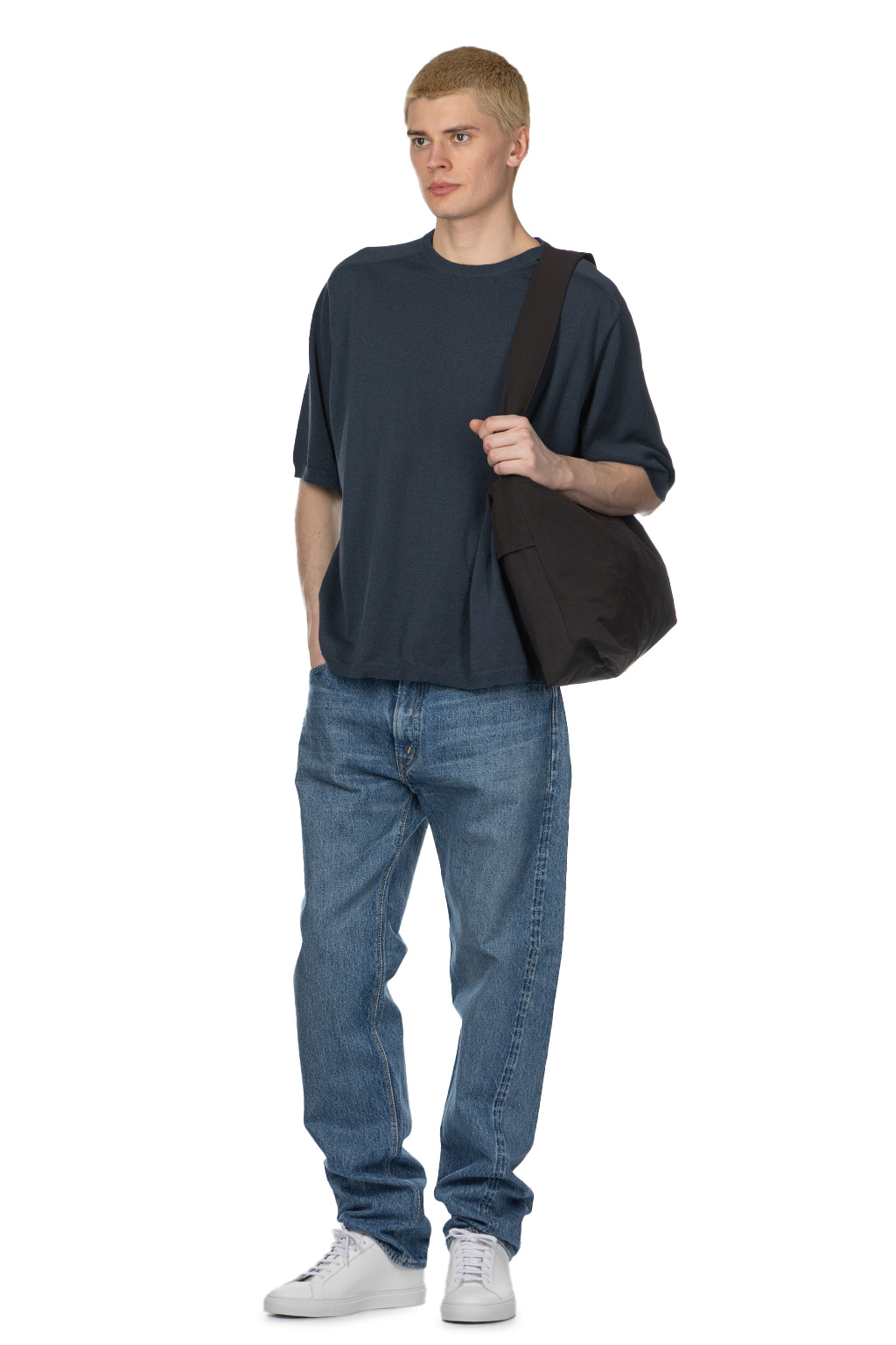 Still by hand - Half Sleeve Knit T-Shirt - Dusty Blue