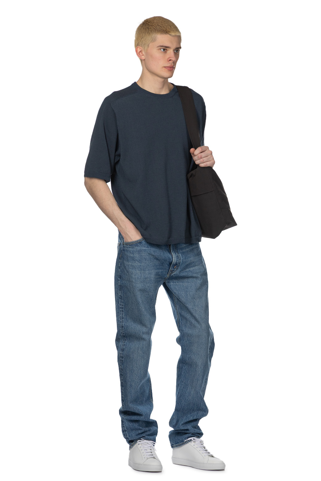 Still by hand - Half Sleeve Knit T-Shirt - Dusty Blue
