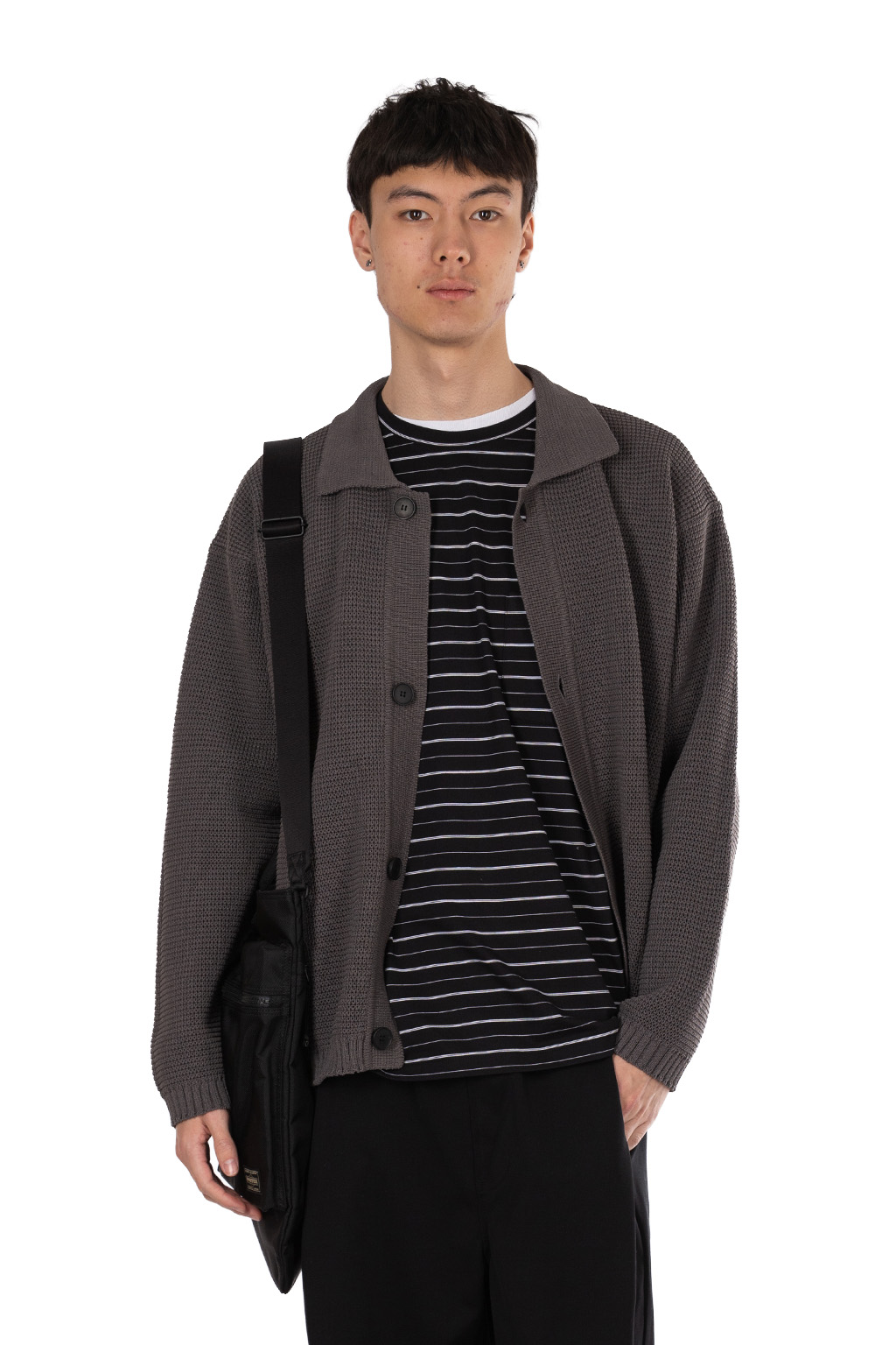 Still by hand - Paper mixed knit blouson - Brown Charcoal