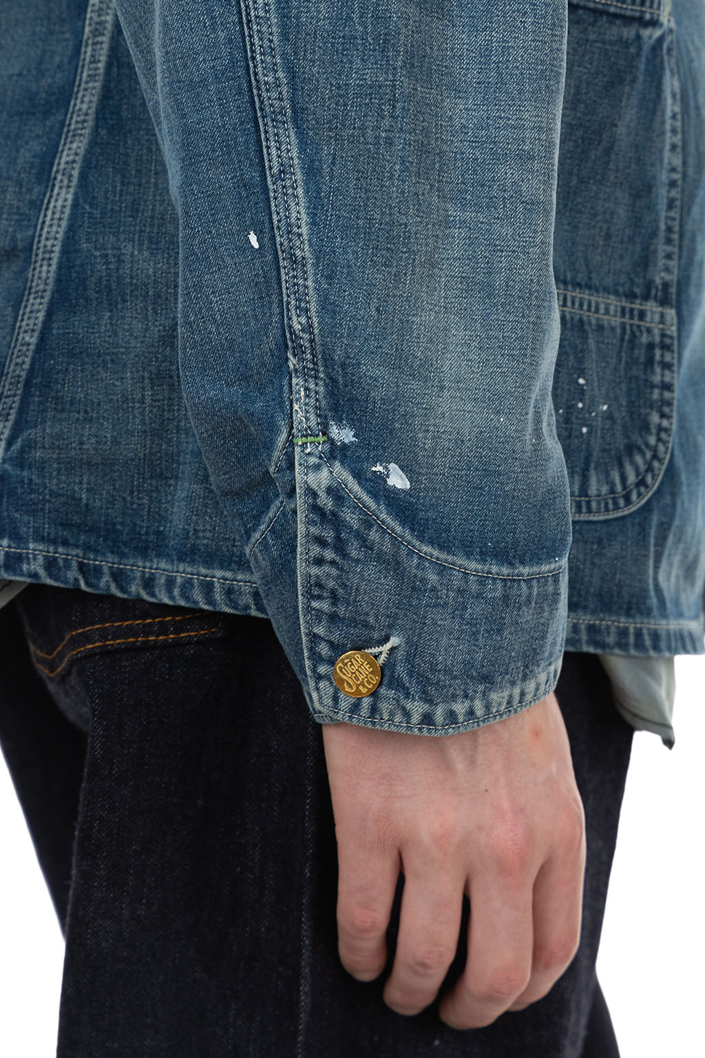 Sugar Cane - Blue Denim Work Coat Aged Model - Hard Wash