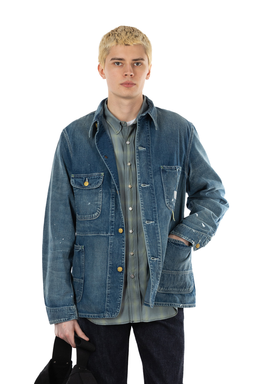 Sugar Cane - Blue Denim Work Coat Aged Model - Hard Wash
