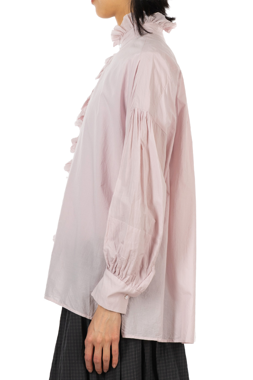 TOUJOURS - Band Collar Bishop Sleeve Ruffl Shirt - Fine Cotton - Smoke Pink