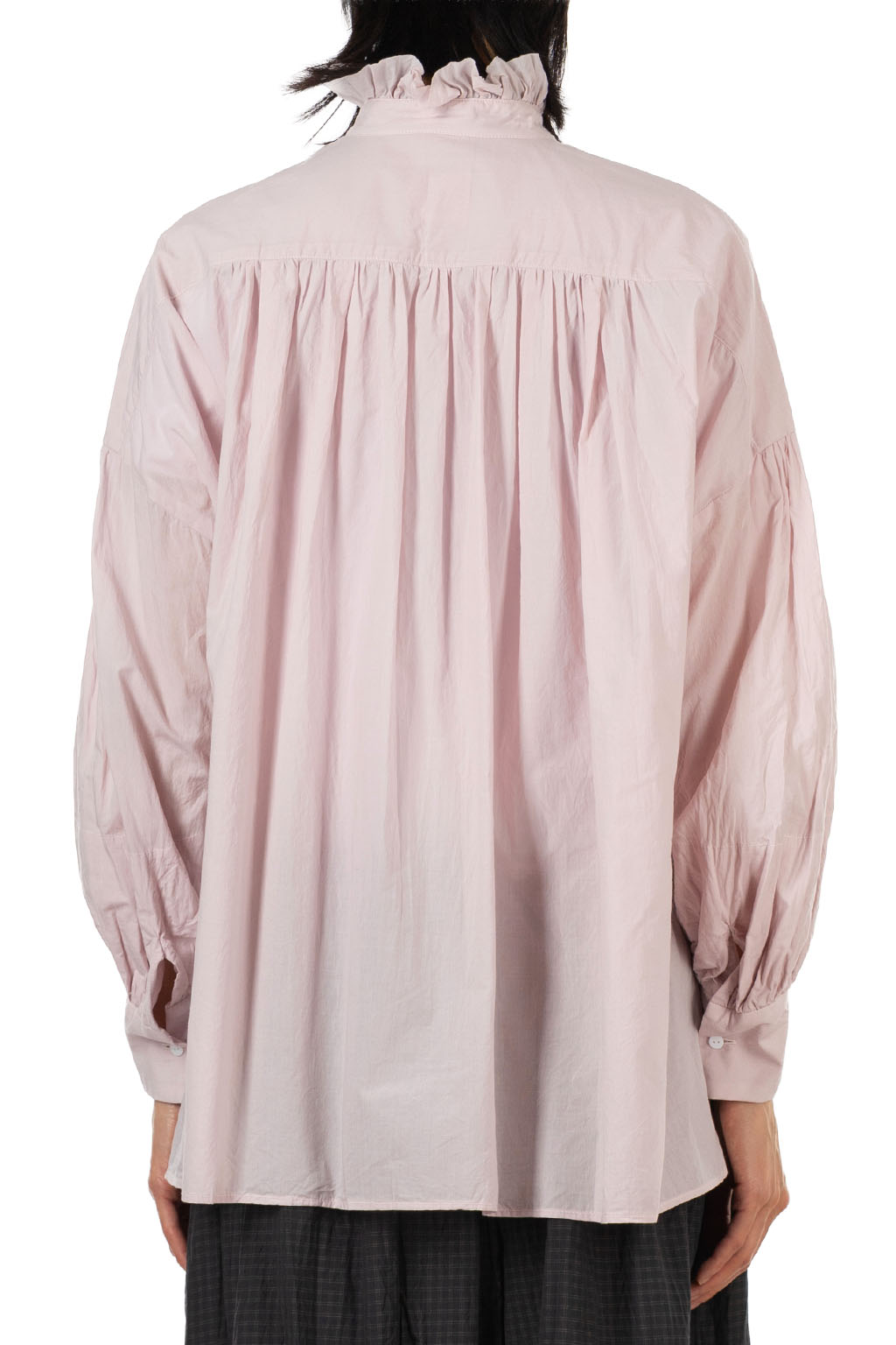 TOUJOURS - Band Collar Bishop Sleeve Ruffl Shirt - Fine Cotton - Smoke Pink