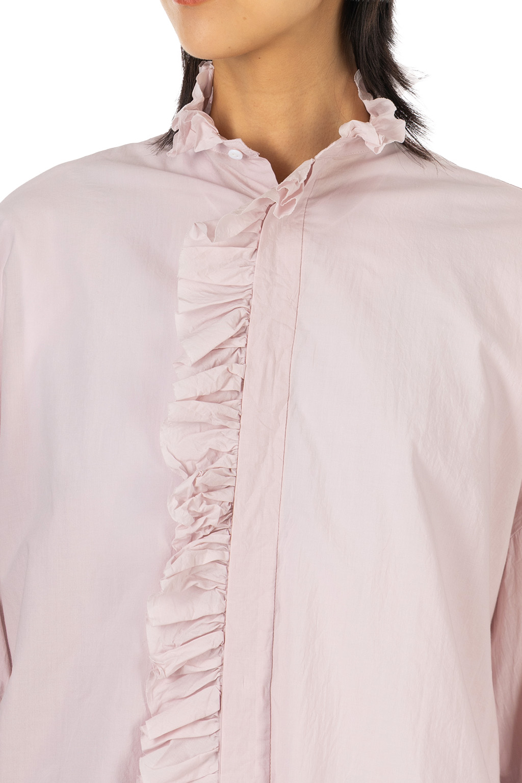 TOUJOURS - Band Collar Bishop Sleeve Ruffl Shirt - Fine Cotton - Smoke Pink