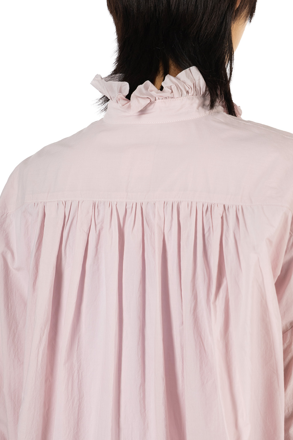 TOUJOURS - Band Collar Bishop Sleeve Ruffl Shirt - Fine Cotton - Smoke Pink