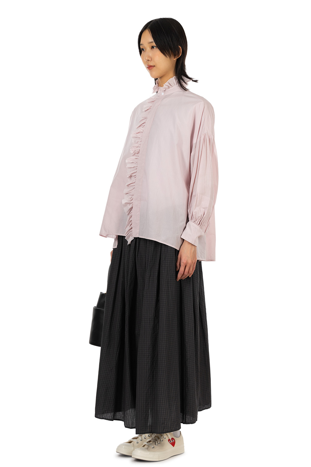 TOUJOURS - Band Collar Bishop Sleeve Ruffl Shirt - Fine Cotton - Smoke Pink